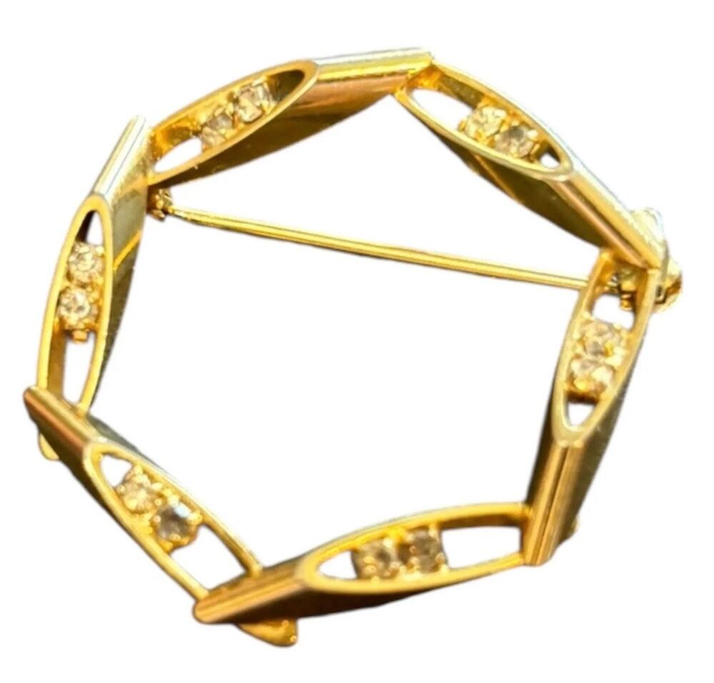 Vintage Gold Tone Rhinestone Geometric Circle Brooch Open Link Modernist Pin